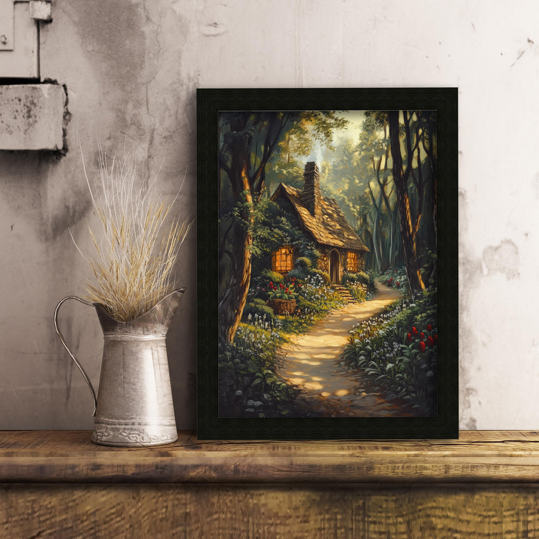 Vintage Forest Cottage Art Print, Dark Academia Woodland Decor