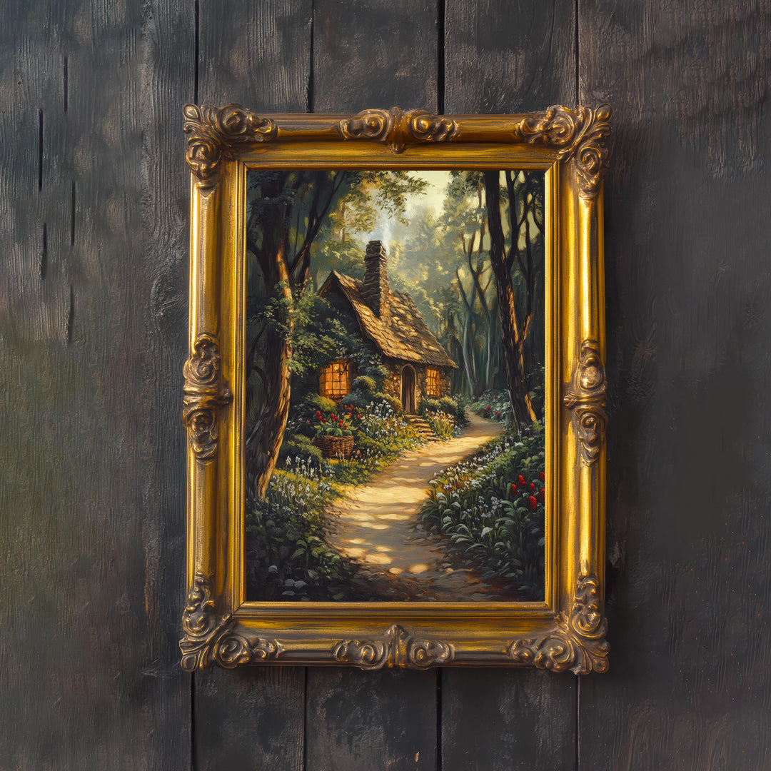 Vintage Forest Cottage Art Print, Dark Academia Woodland Decor