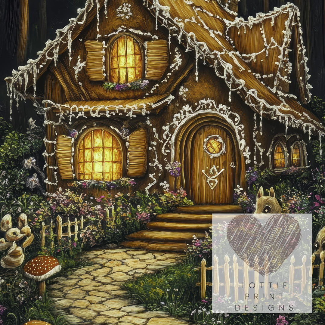 Gingerbread Cottage Print, Vintage Fairytale Art, Dark Academia Decor