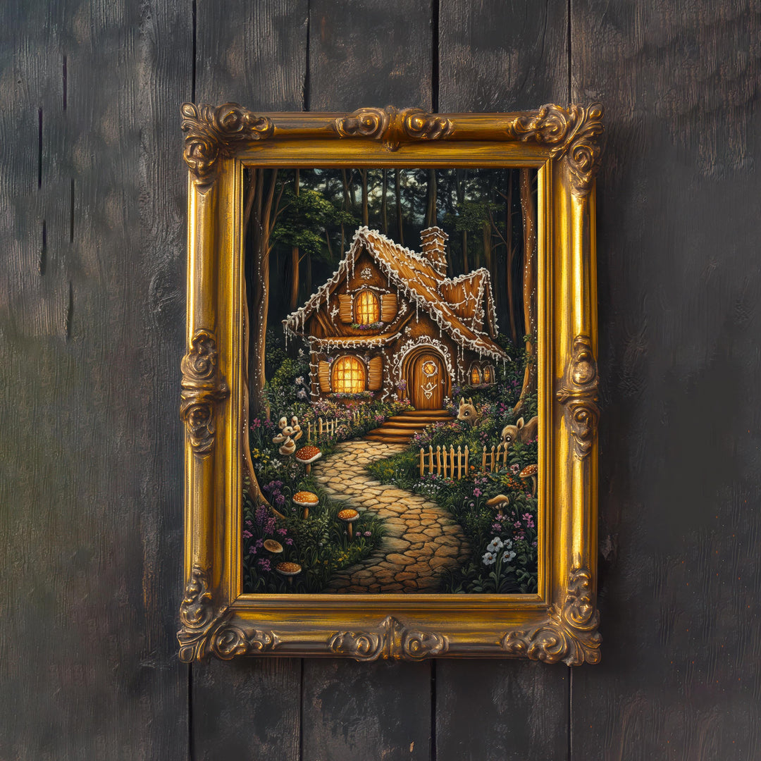 Gingerbread Cottage Print, Vintage Fairytale Art, Dark Academia Decor
