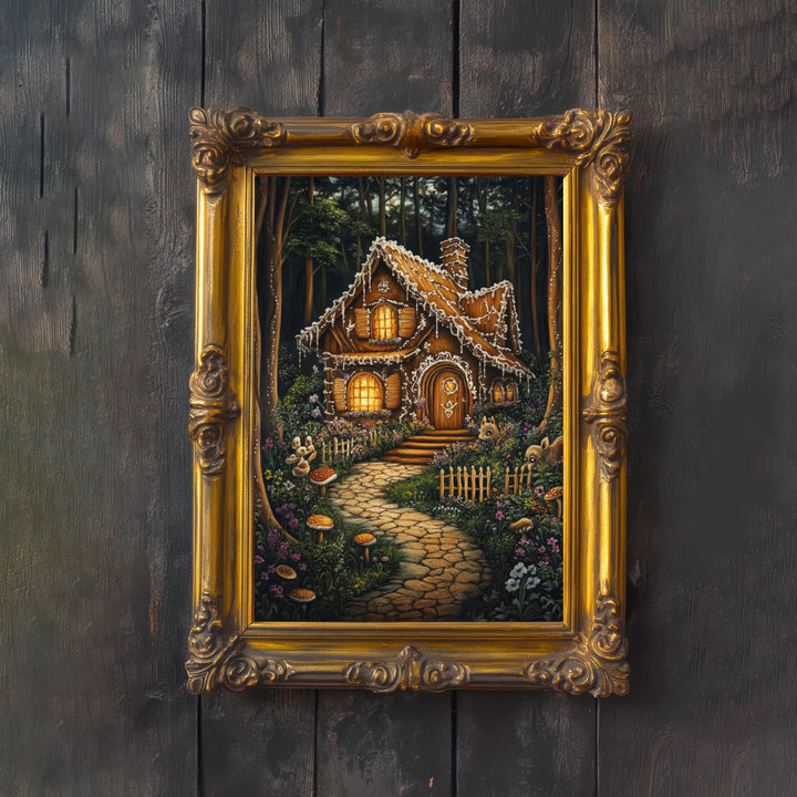 Gingerbread Cottage Print, Vintage Fairytale Art, Dark Academia Decor