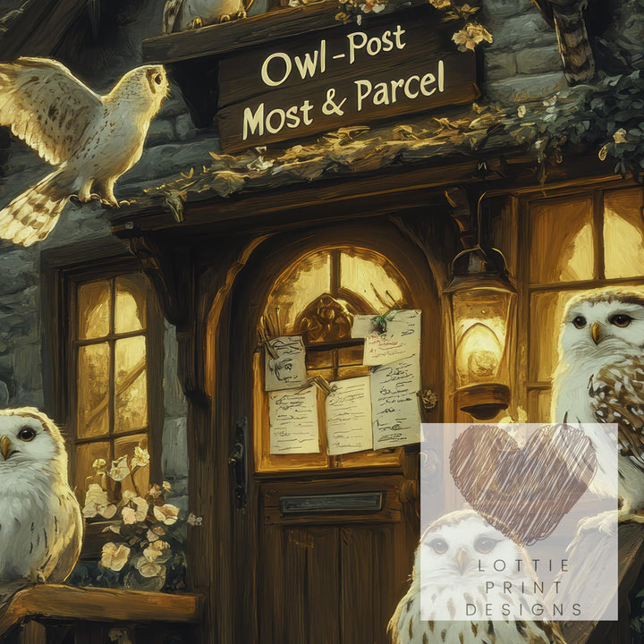 Owl Post Cottage Print, Vintage Witchy Dark Academia Wall Art
