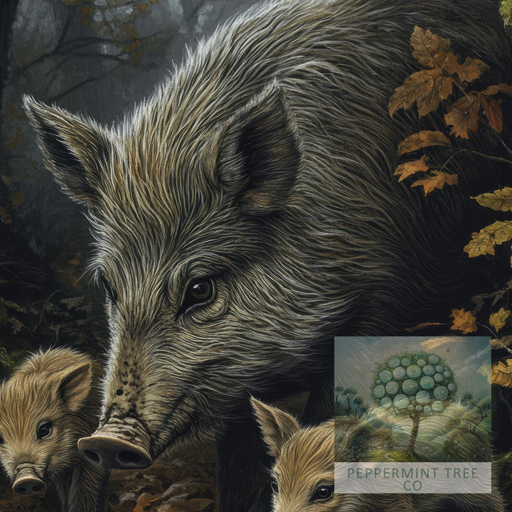 Wild Boar Family Print: Vintage Woodland Cottagecore Wall Decor