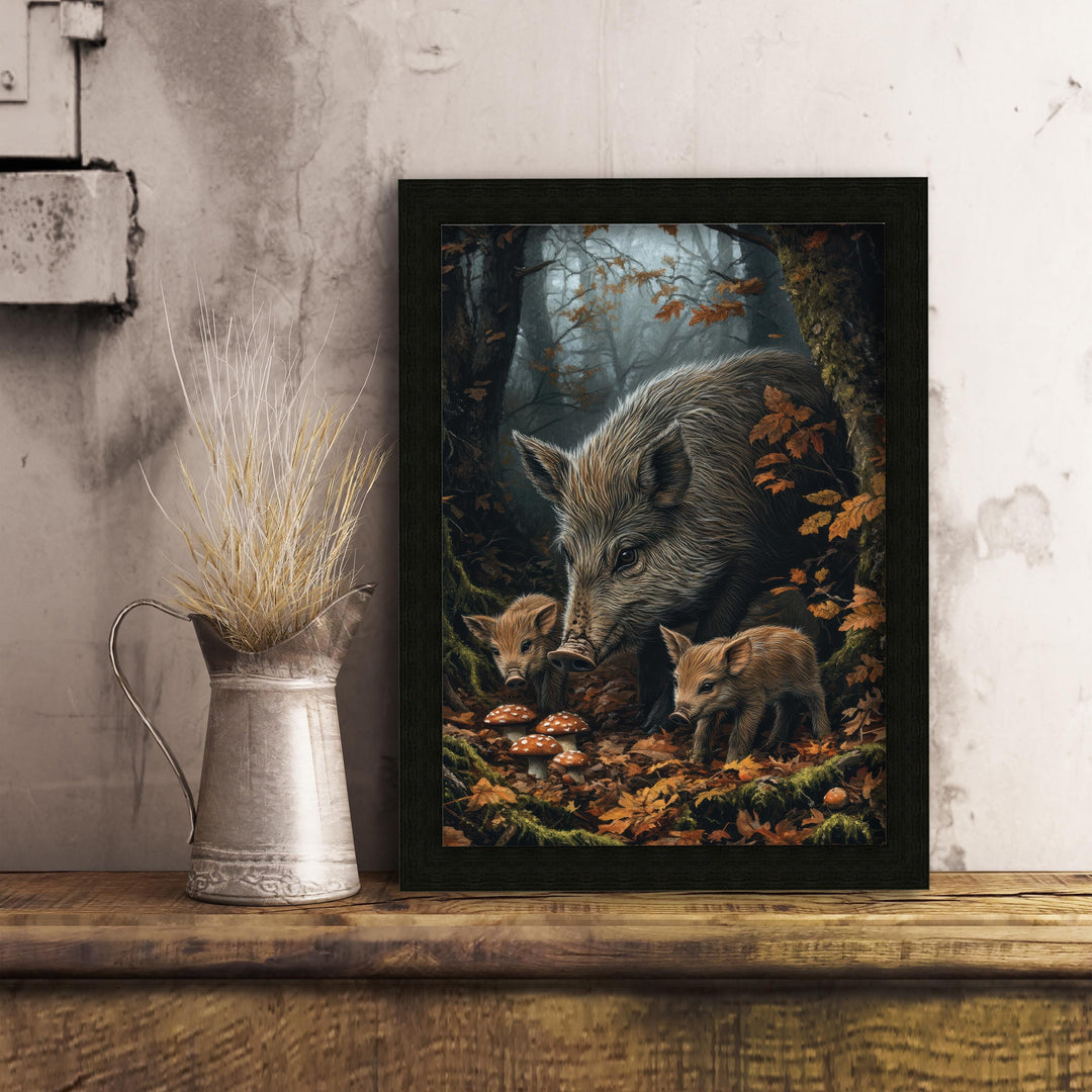 Wild Boar Family Print: Vintage Woodland Cottagecore Wall Decor