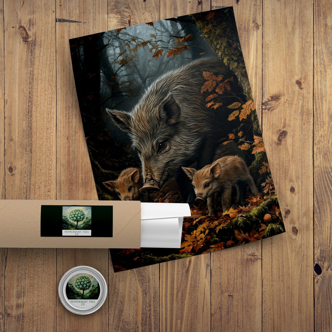 Wild Boar Family Print: Vintage Woodland Cottagecore Wall Decor