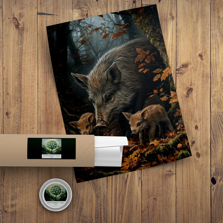 Wild Boar Family Print: Vintage Woodland Cottagecore Wall Decor