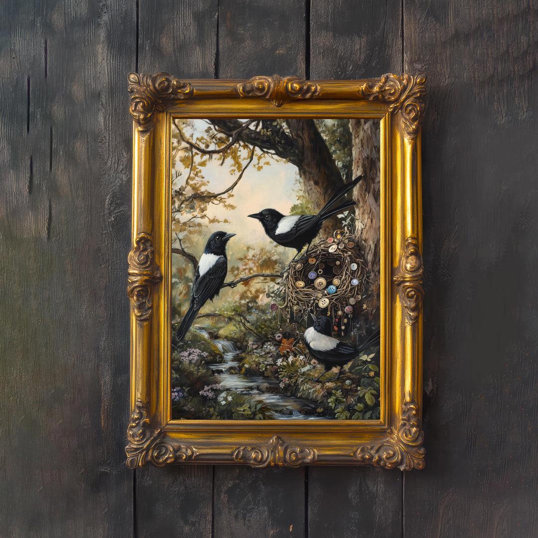 Magpie Cottagecore Print | Vintage Bird Art, Dark Academia Decor