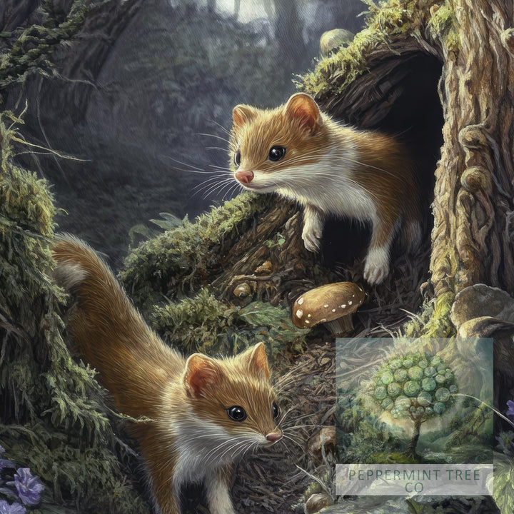 Forest Weasels Print | Vintage Cottagecore Woodland Animal Art