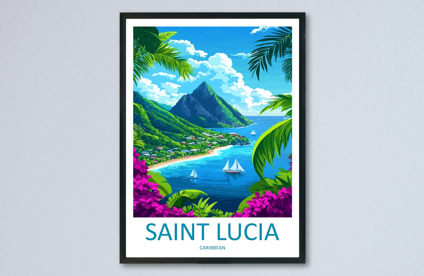 Saint Lucia Travel Print St Lucia Wall Art Caribbean Island Poster Tropical Decor Gift for Beach Lover Pitons Sunset Art Print