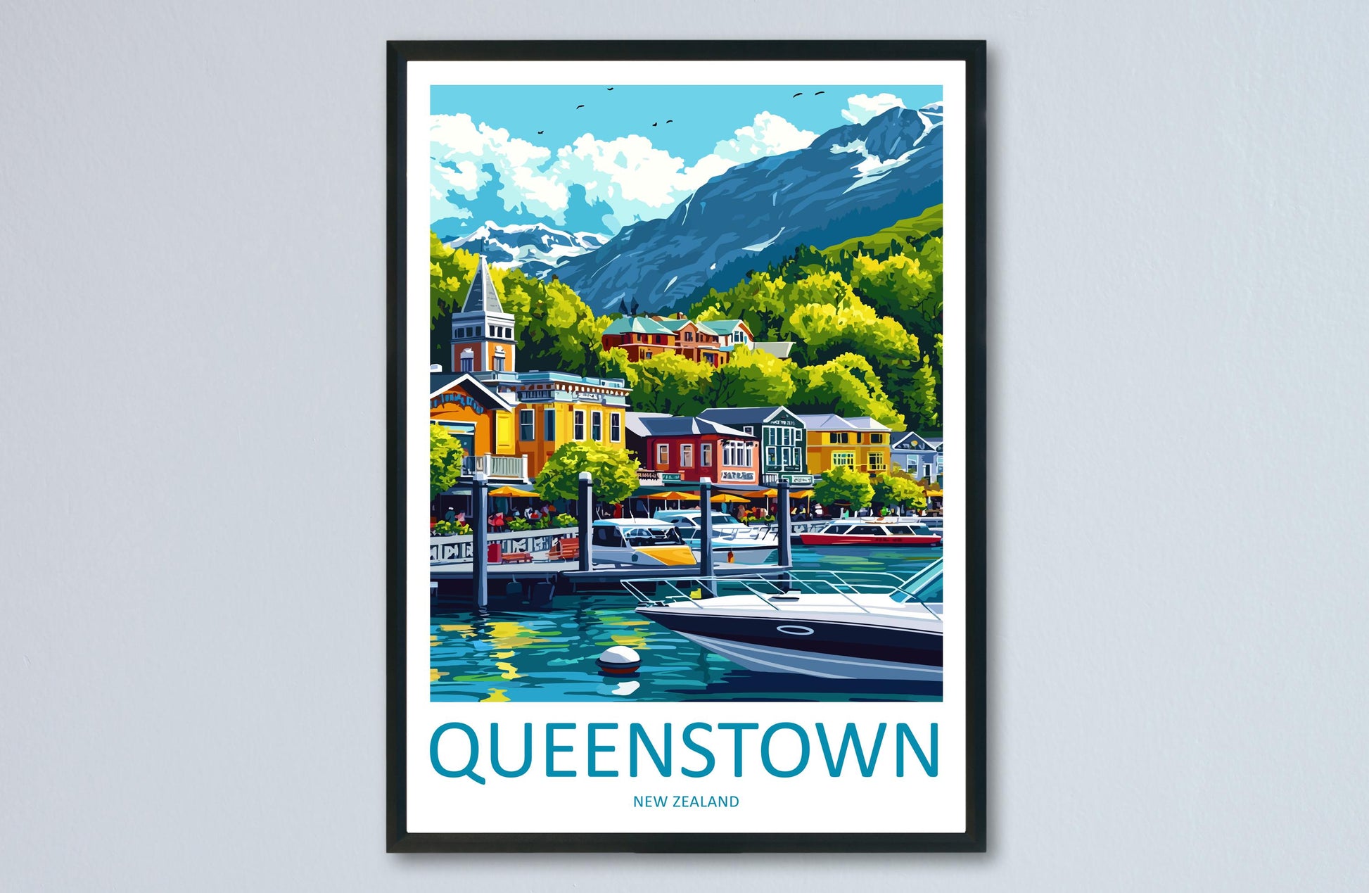 Queenstown Travel Print New Zealand Wall Art Mountain Lake Poster Adventure Decor Gift for Nature Lover Scenic Landscape Art
