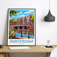 Amsterdam Travel Print Netherlands Wall Art Cityscape Poster Canal Decor Gift for Europe Lover Dutch Architecture Art Print