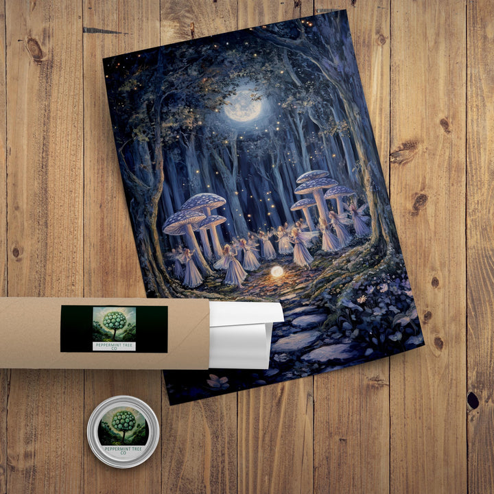 Mushroom Fairies Vintage Print, Enchanted Forest Cottagecore Wall Art