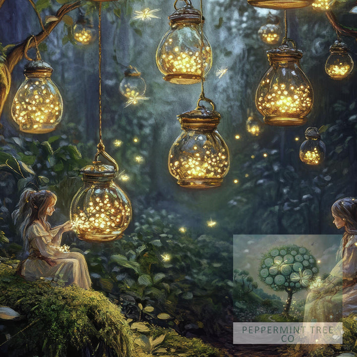 Firefly Lantern Fairies Print, Vintage Cottagecore Fairytale Art