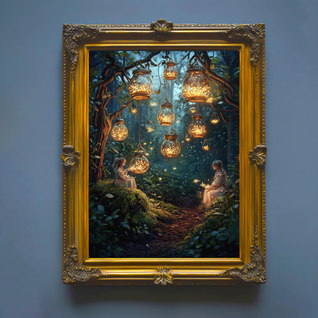 Firefly Lantern Fairies Print, Vintage Cottagecore Fairytale Art