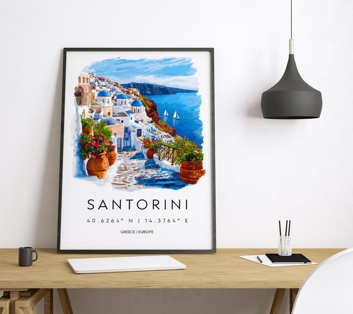 Santorini Watercolor Poster Santorini Travel Print Santorini Wall Art Santorini Cityscape Painting Santorini Souvenir Greece Decor
