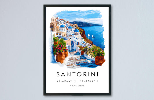 Santorini Watercolor Poster Santorini Travel Print Santorini Wall Art Santorini Cityscape Painting Santorini Souvenir Greece Decor