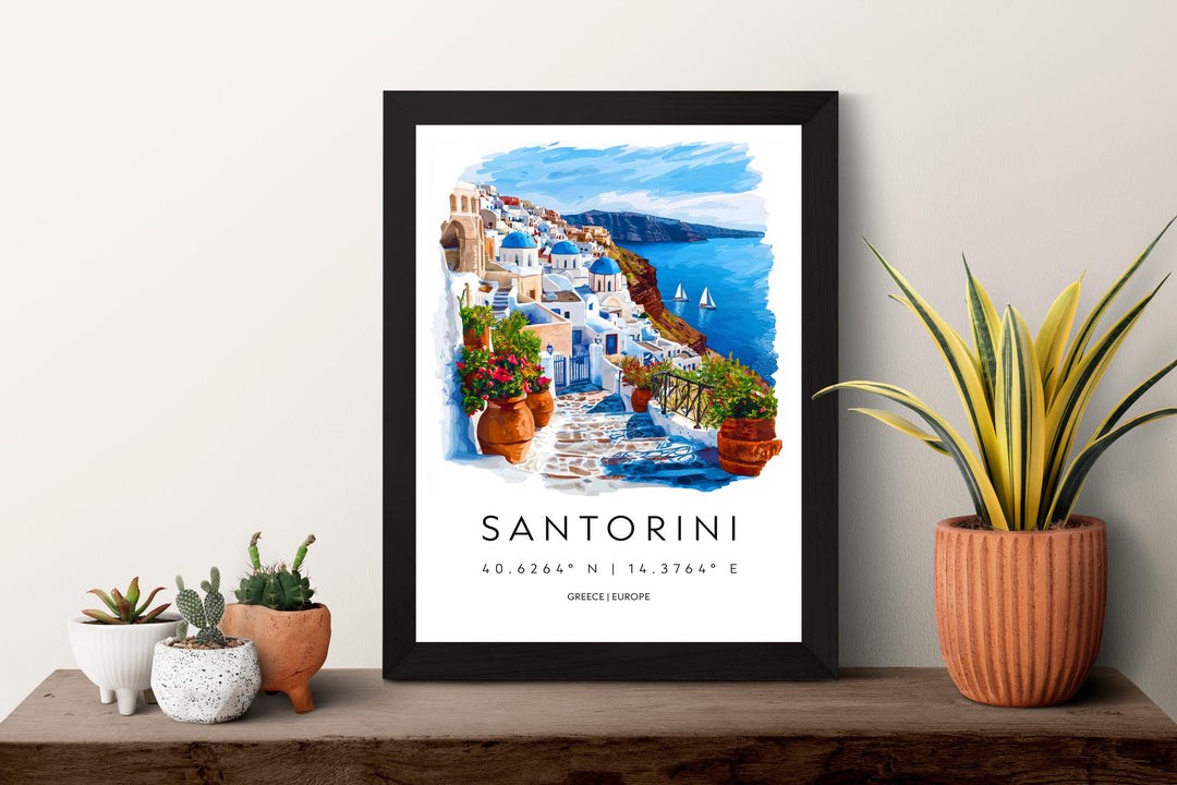 Santorini Watercolor Poster Santorini Travel Print Santorini Wall Art Santorini Cityscape Painting Santorini Souvenir Greece Decor