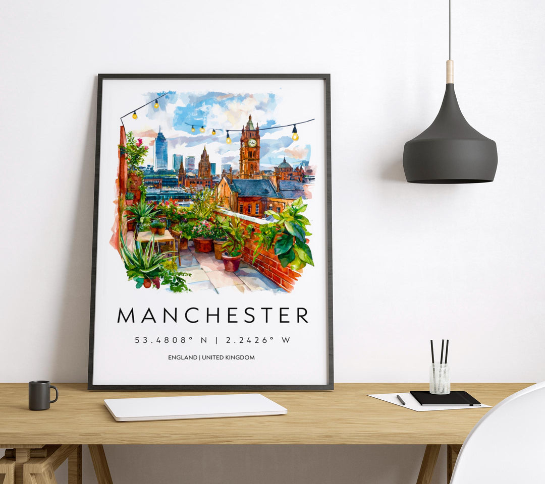 Manchester Watercolor Poster Manchester Travel Print Manchester Wall Art Manchester Cityscape Painting Manchester Souvenir UK Decor