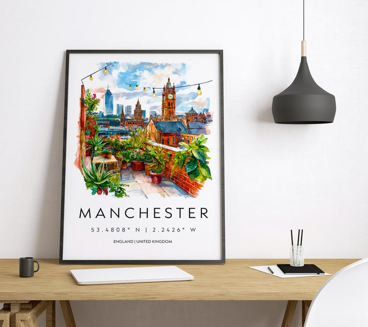 Manchester Watercolor Poster Manchester Travel Print Manchester Wall Art Manchester Cityscape Painting Manchester Souvenir UK Decor