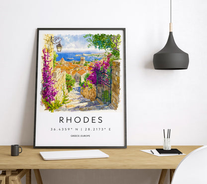 Rhodes Watercolor Poster Rhodes Travel Print Rhodes Wall Art Rhodes Cityscape Painting Rhodes Souvenir Greece Island Decor