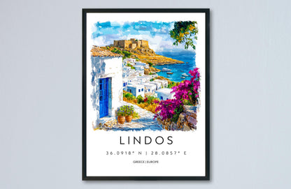 Lindos Watercolor Poster Lindos Travel Print Lindos Wall Art Lindos Cityscape Painting Lindos Souvenir Rhodes Greece Decor