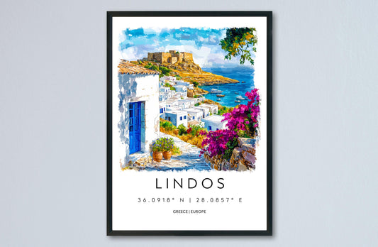 Lindos Watercolor Poster Lindos Travel Print Lindos Wall Art Lindos Cityscape Painting Lindos Souvenir Rhodes Greece Decor