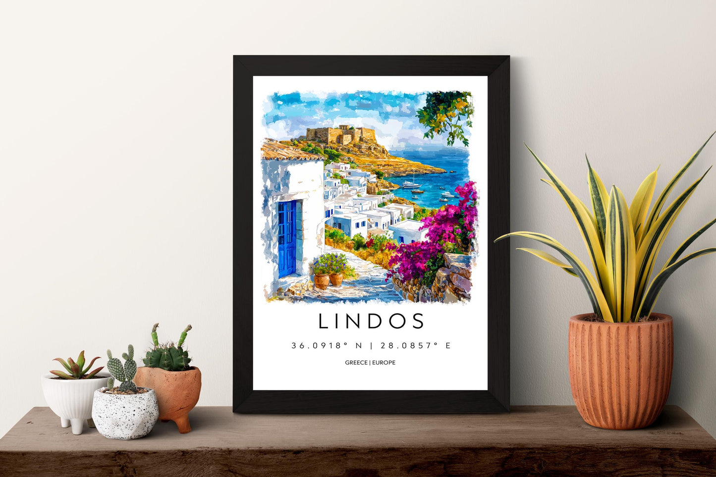 Lindos Watercolor Poster Lindos Travel Print Lindos Wall Art Lindos Cityscape Painting Lindos Souvenir Rhodes Greece Decor
