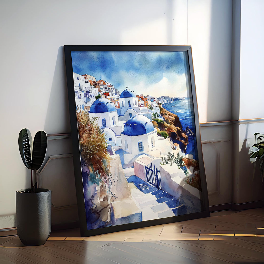 Santorini Watercolor Poster Santorini Travel Print Santorini Wall Art Santorini Cityscape Painting Santorini Souvenir Greece Island Decor