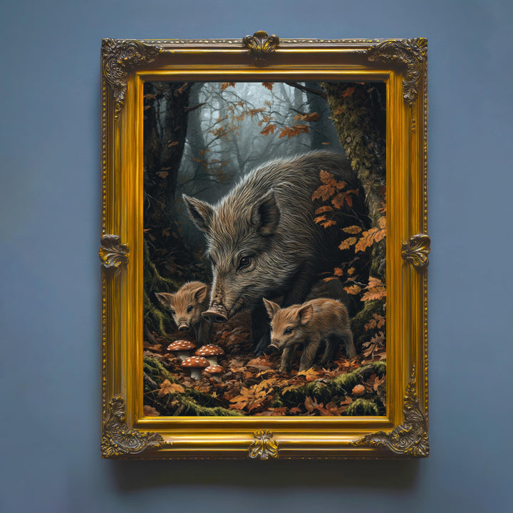 Wild Boar Family Print: Vintage Woodland Cottagecore Wall Decor