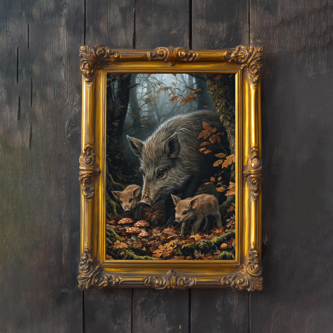 Wild Boar Family Print: Vintage Woodland Cottagecore Wall Decor