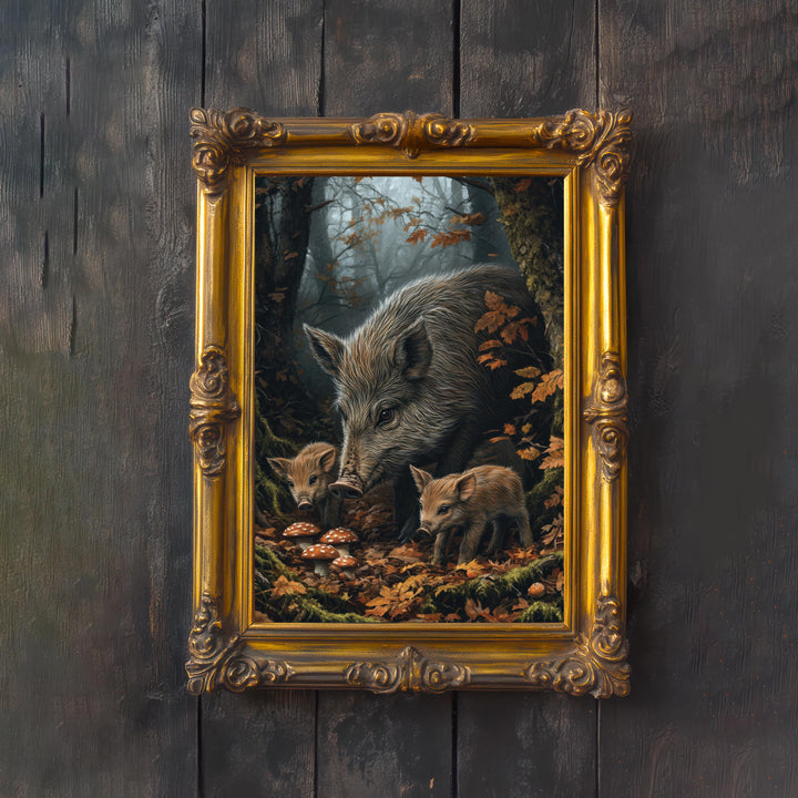 Wild Boar Family Print: Vintage Woodland Cottagecore Wall Decor