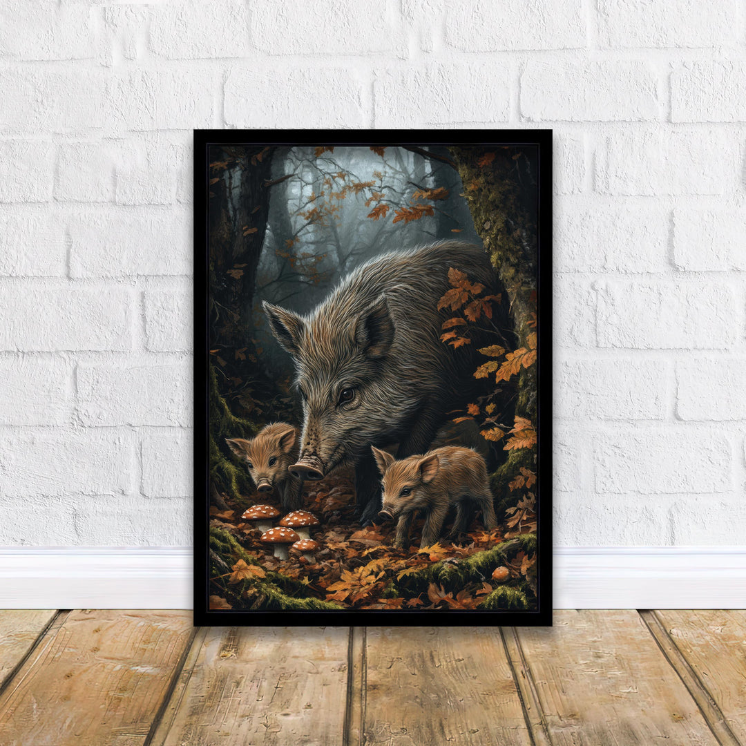 Wild Boar Family Print: Vintage Woodland Cottagecore Wall Decor