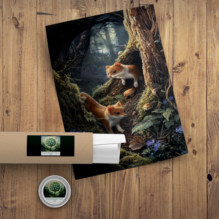 Forest Weasels Print | Vintage Cottagecore Woodland Animal Art