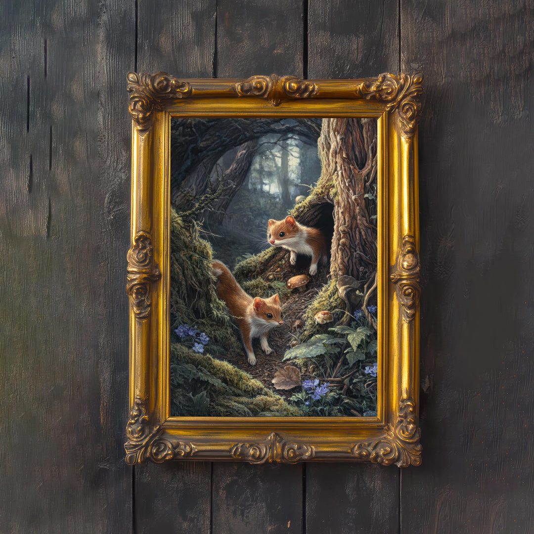 Forest Weasels Print | Vintage Cottagecore Woodland Animal Art