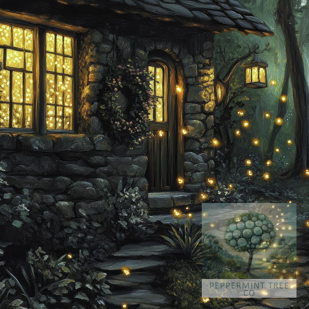 Lantern Fairies Cottage Print | Vintage Enchanted Forest Art