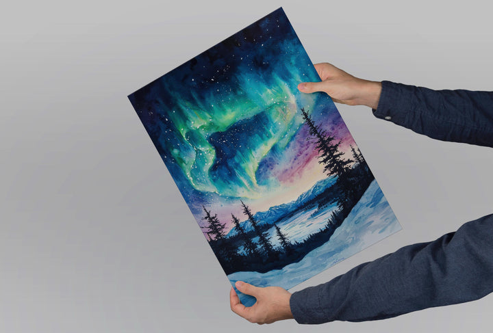 Northern Lights Watercolor Poster Aurora Borealis Print Arctic Sky Wall Art Northern Lights Painting Travel Souvenir Nature Decor
