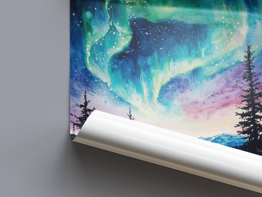 Northern Lights Watercolor Poster Aurora Borealis Print Arctic Sky Wall Art Northern Lights Painting Travel Souvenir Nature Decor