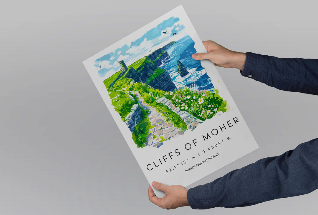 Cliffs of Moher Watercolor Poster Ireland Travel Print Cliffs of Moher Wall Art Irish Landscape Painting Coastal Souvenir Decor