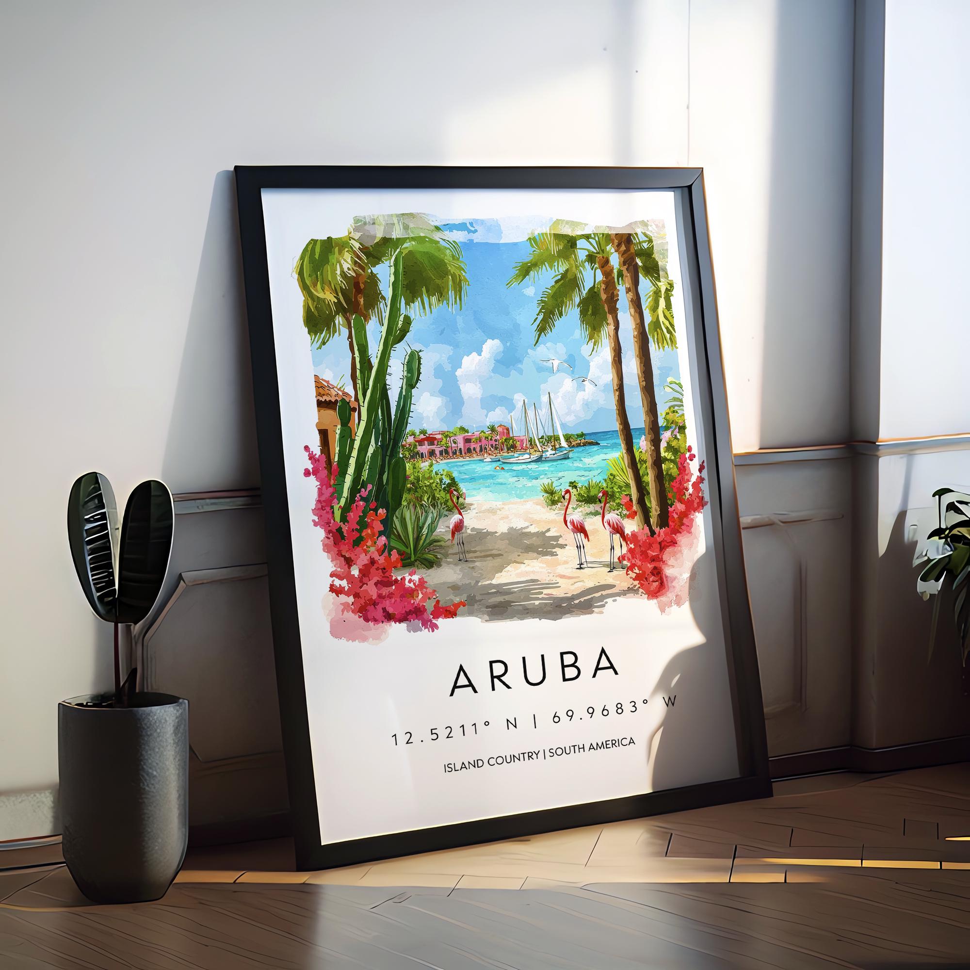 Aruba Watercolor Poster Aruba Travel Print Aruba Wall Art Aruba Island Painting Caribbean Souvenir Tropical Beach Decor