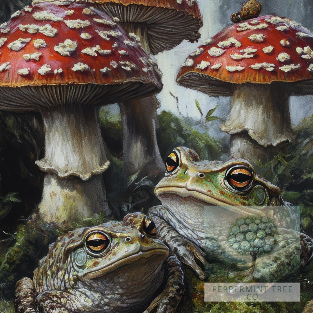 Frog & Toadstool Vintage Art Print, Cottagecore Woodland Decor