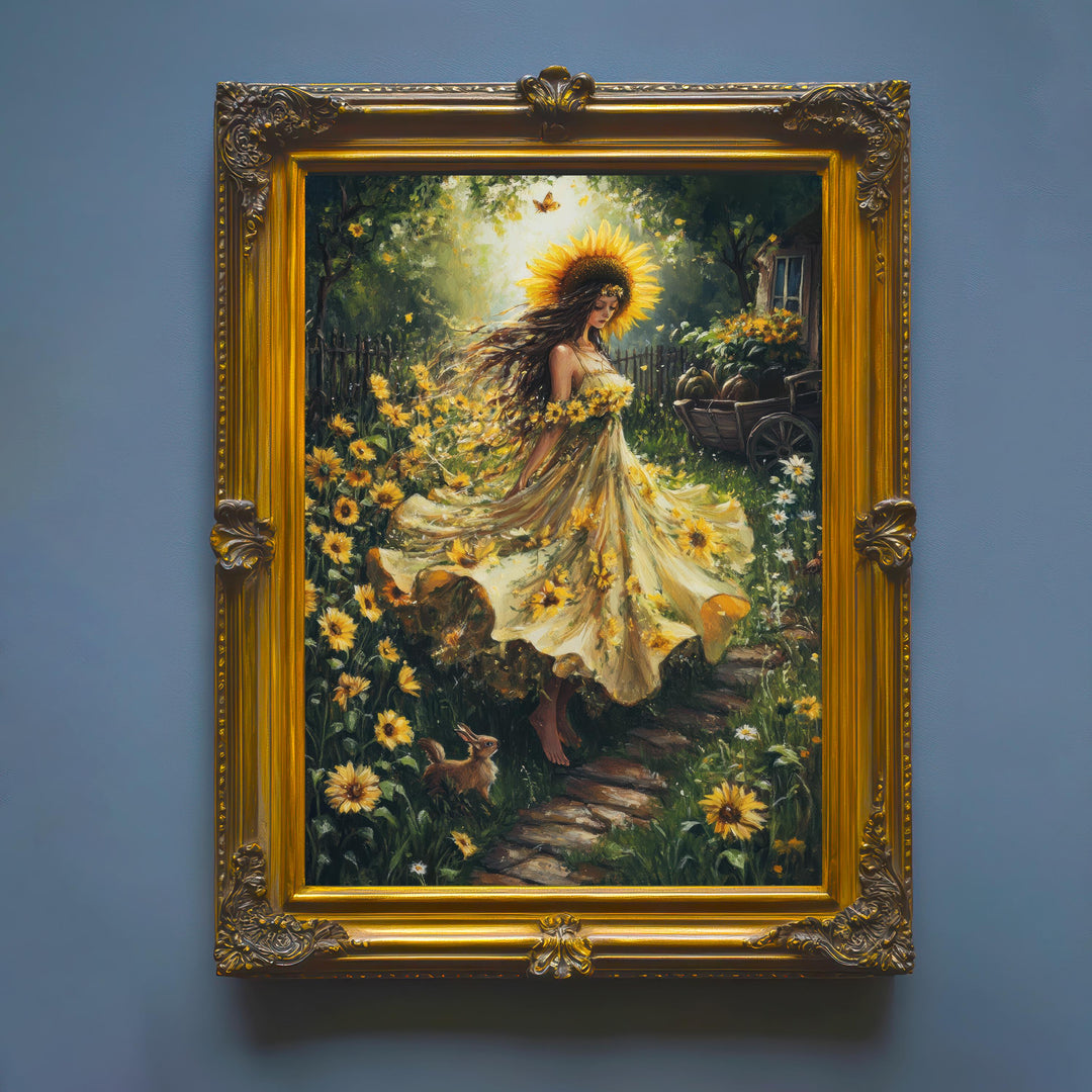 Sunflower Witch Print, Vintage Cottagecore Magical Art
