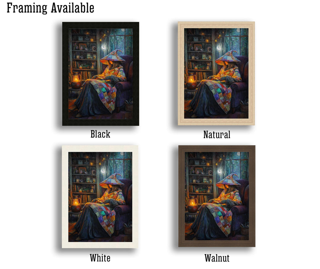 Patchwork Quilt Witch Art Print, Vintage Cottagecore Illustration