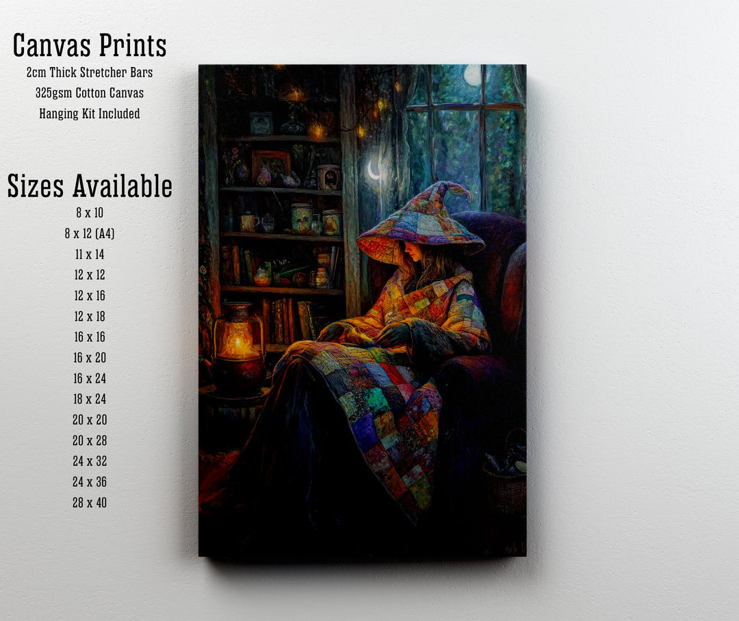 Patchwork Quilt Witch Art Print, Vintage Cottagecore Illustration