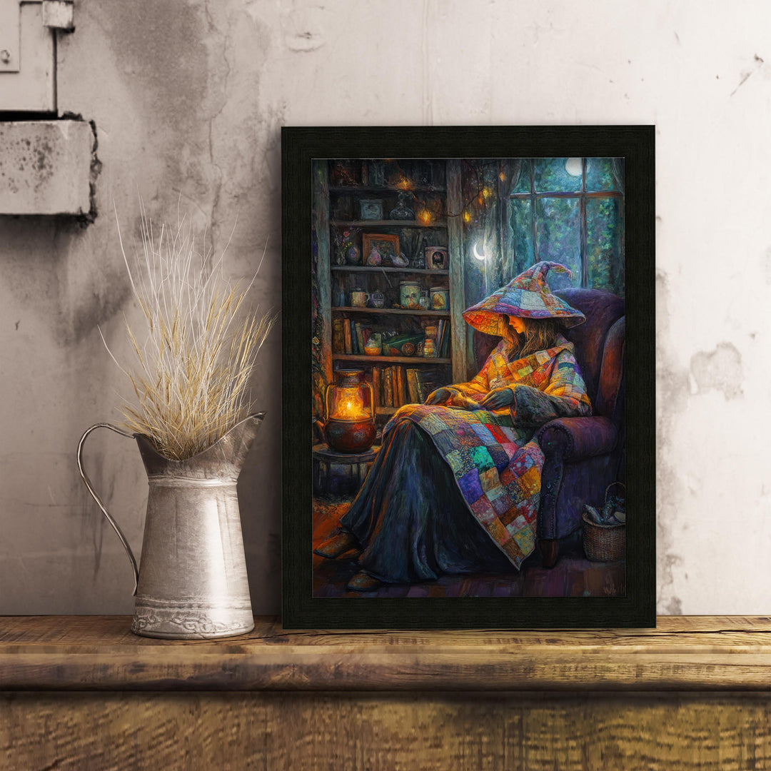 Patchwork Quilt Witch Art Print, Vintage Cottagecore Illustration