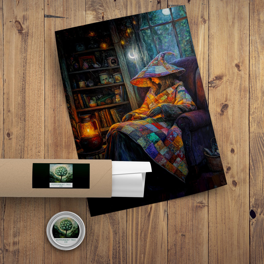 Patchwork Quilt Witch Art Print, Vintage Cottagecore Illustration