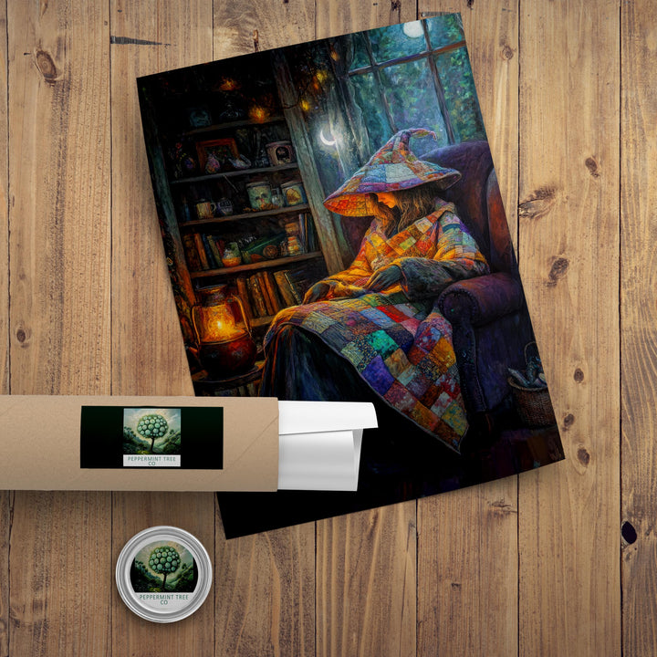 Patchwork Quilt Witch Art Print, Vintage Cottagecore Illustration