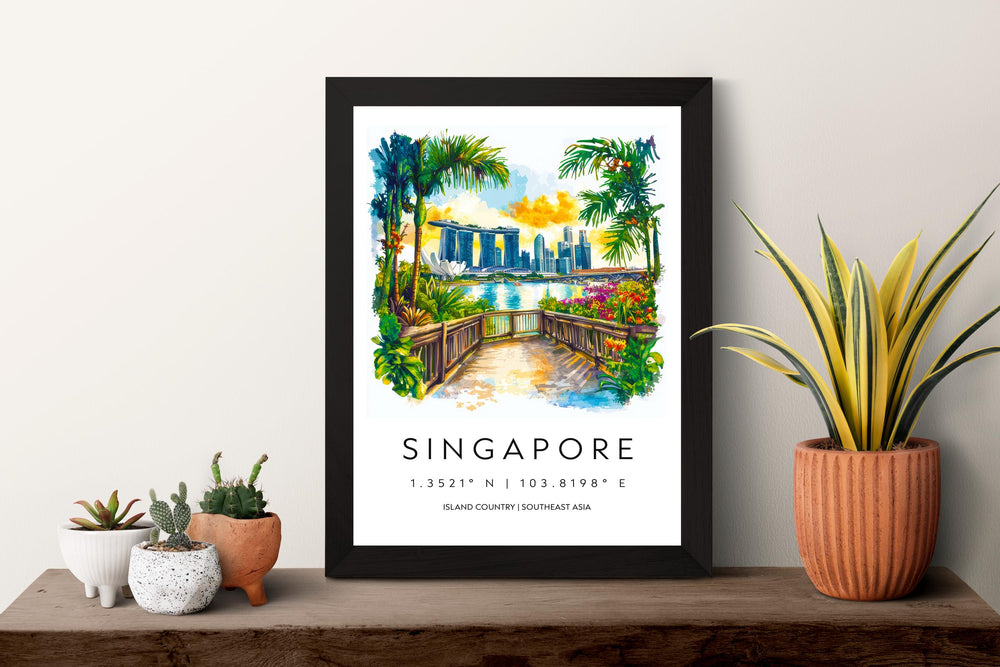Singapore Watercolor Poster Singapore Travel Print Singapore Wall Art Cityscape Painting Singapore Souvenir Asia Decor