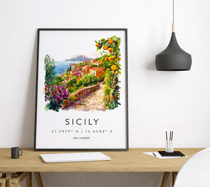 Sicily Watercolor Poster Sicily Travel Print Sicily Wall Art Sicily Landscape Painting Sicily Souvenir Italy Decor