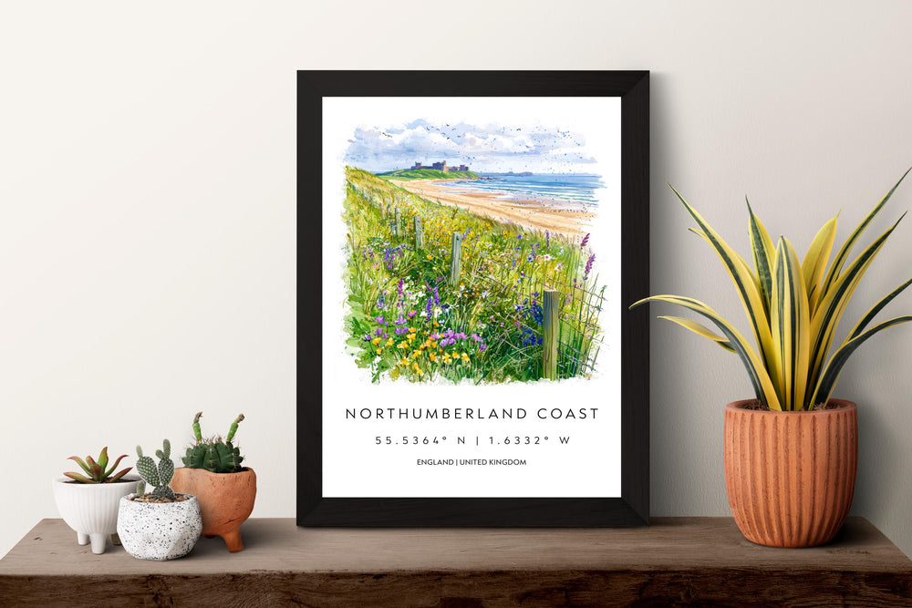 Northumberland Coast Watercolor Poster Travel Print Wall Art UK Coastal Painting Northumberland Landscape Souvenir Decor