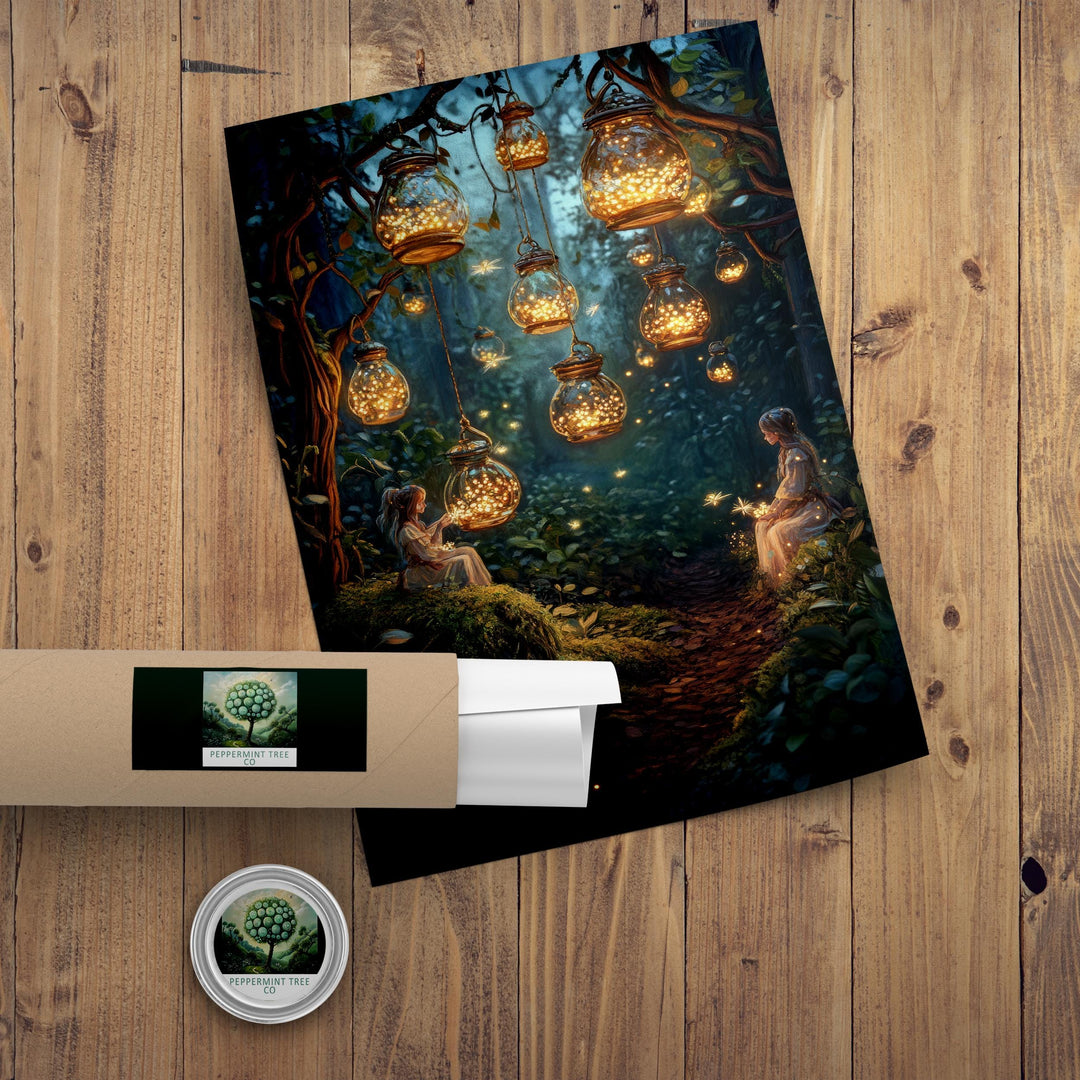 Firefly Lantern Fairies Print, Vintage Cottagecore Fairytale Art